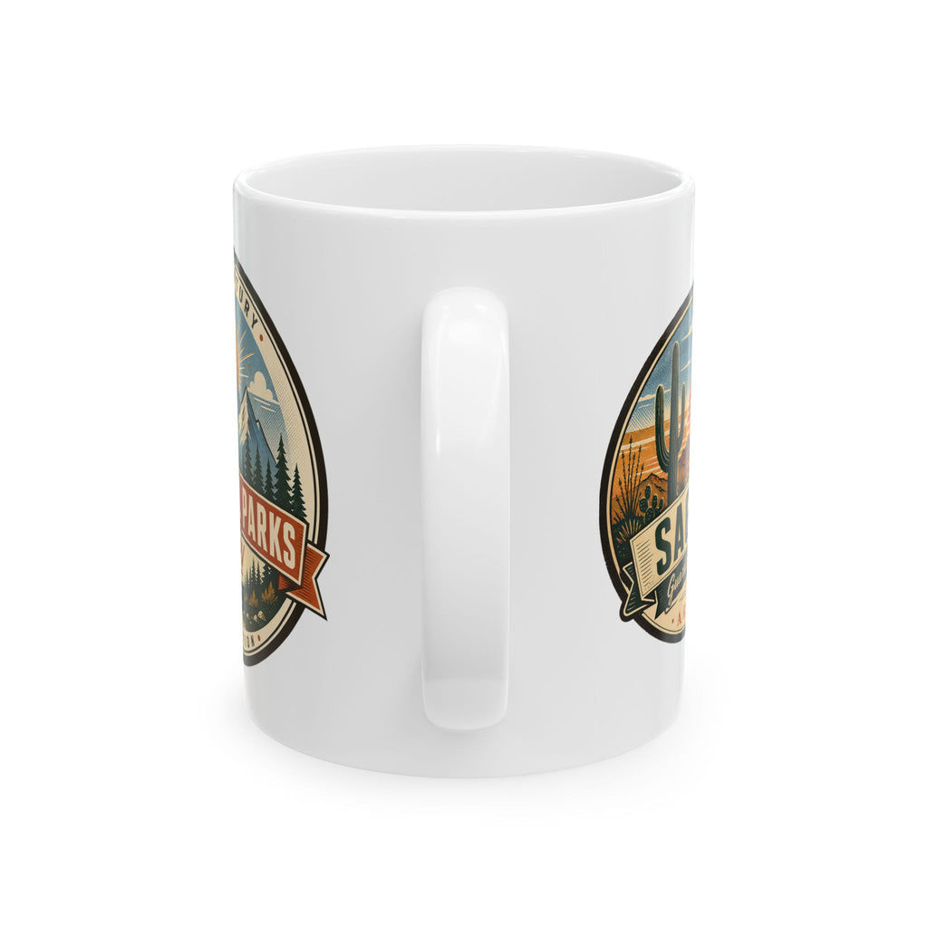 White ceramic coffee mug with two badge prints and molded handle grip