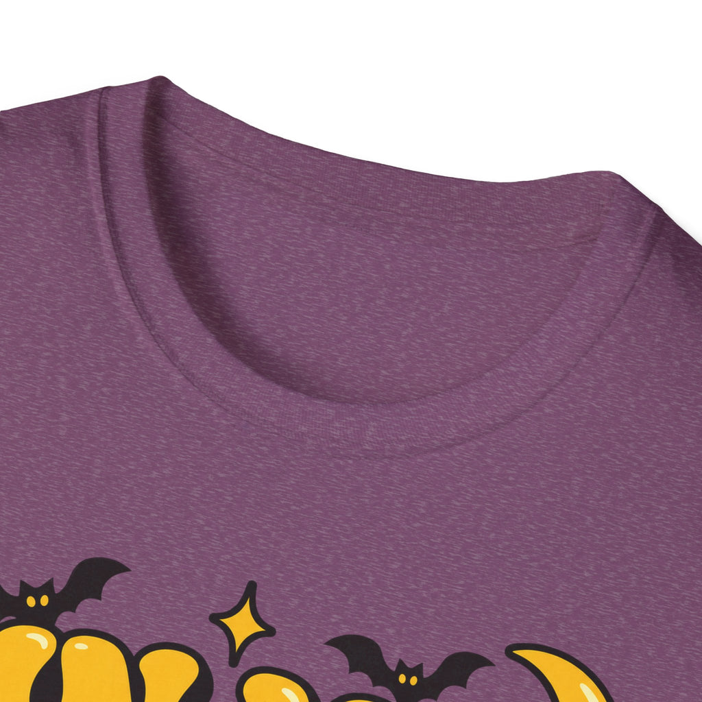 Purple T-shirt neckline with partial Halloween bat graphics and colorful text