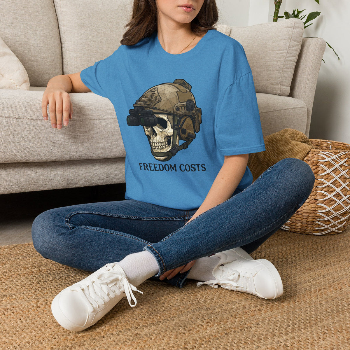Blue tactical helmet skull T-shirt with skull helmet graphic and “FREEDOM COSTS” text