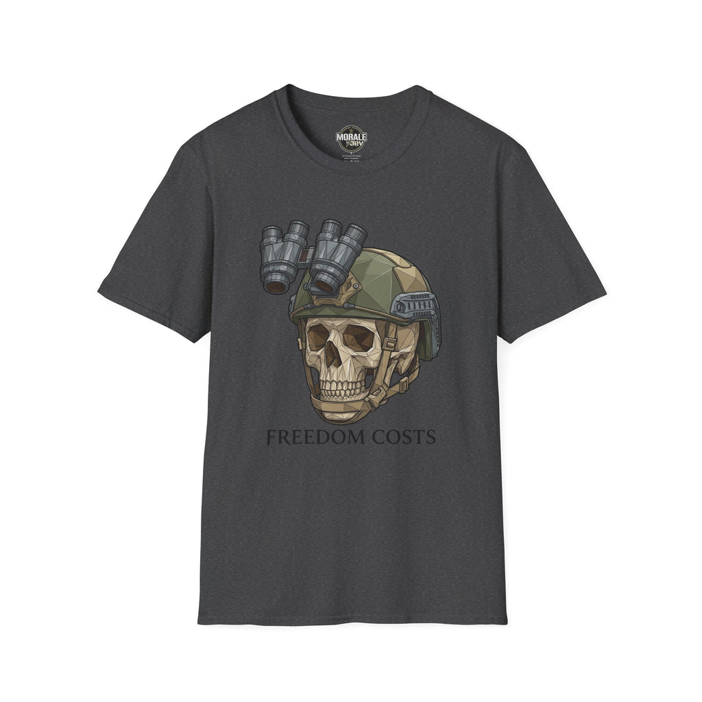 Charcoal tactical skull NVG graphic T-shirt with “FREEDOM COSTS” text