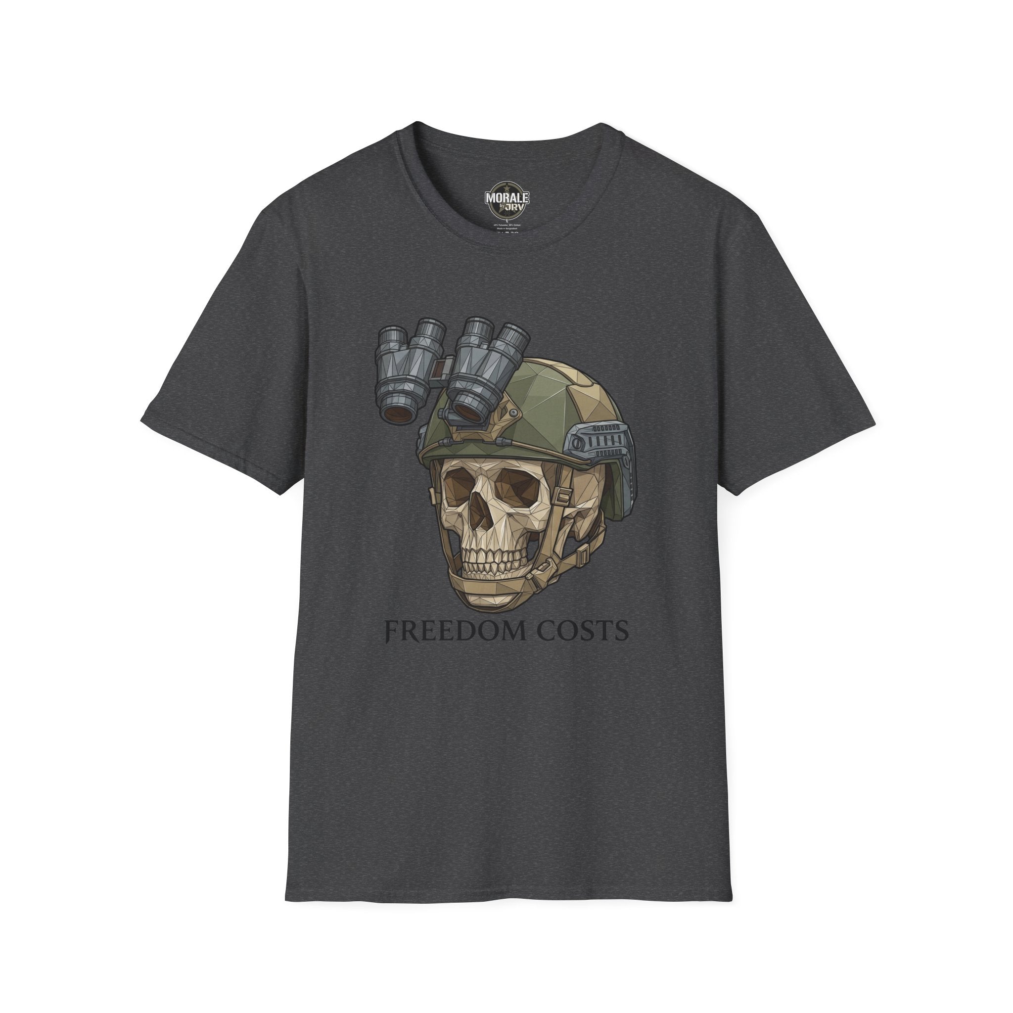 Charcoal tactical skull NVG graphic T-shirt with “FREEDOM COSTS” text
