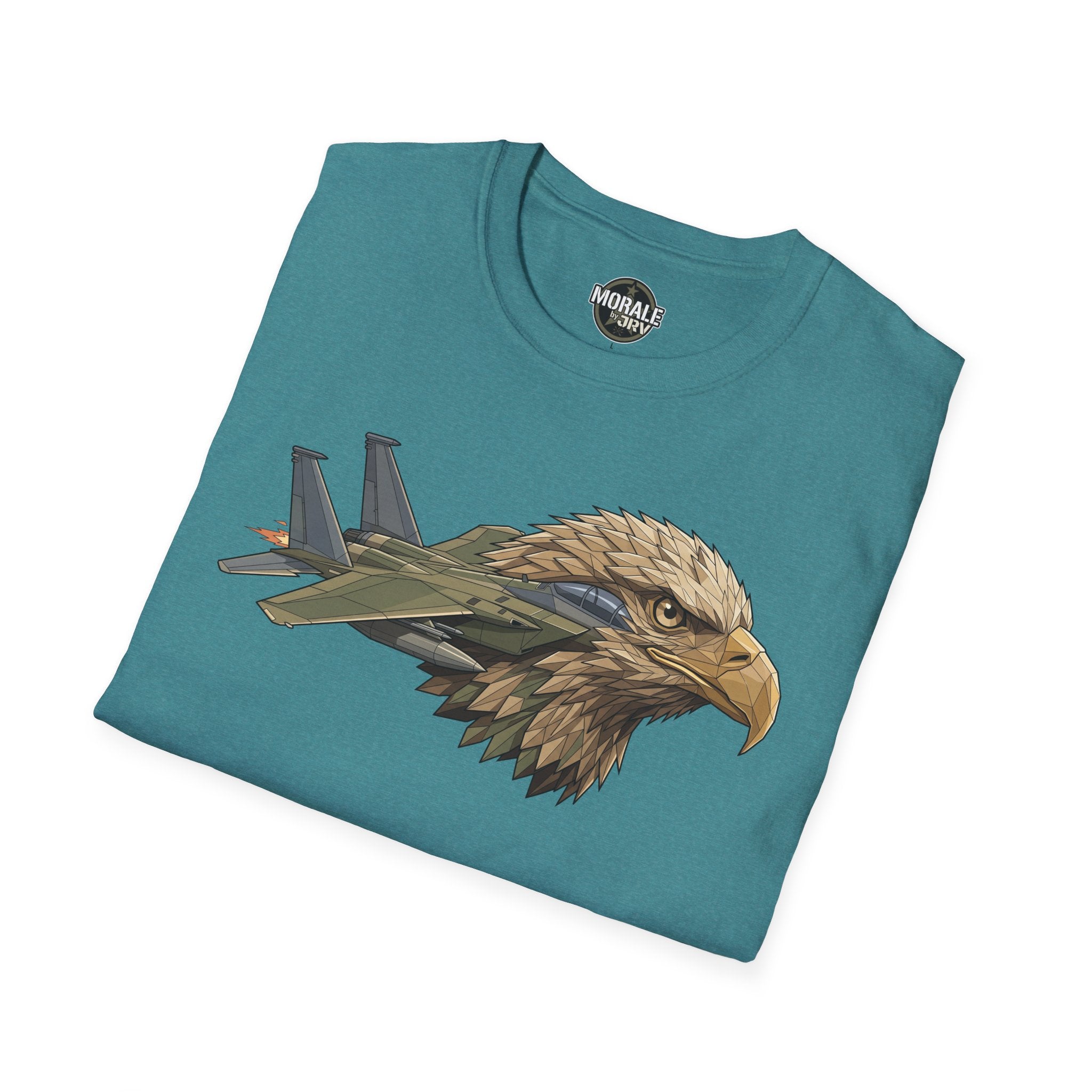 Teal/green T-shirt front graphic: eagle head with fighter jets, crew neck
