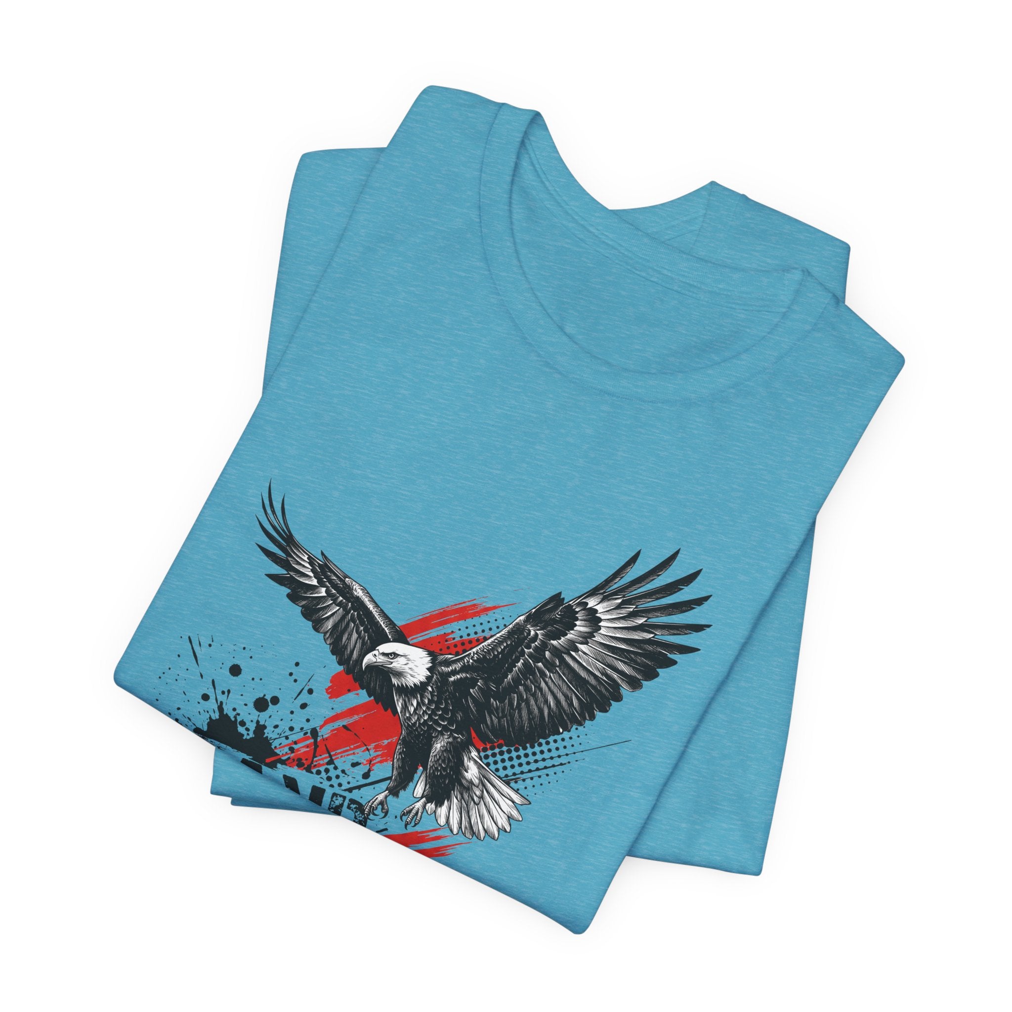 Aqua T-shirt with eagle graphic, red stripe accents, and star-splatter text