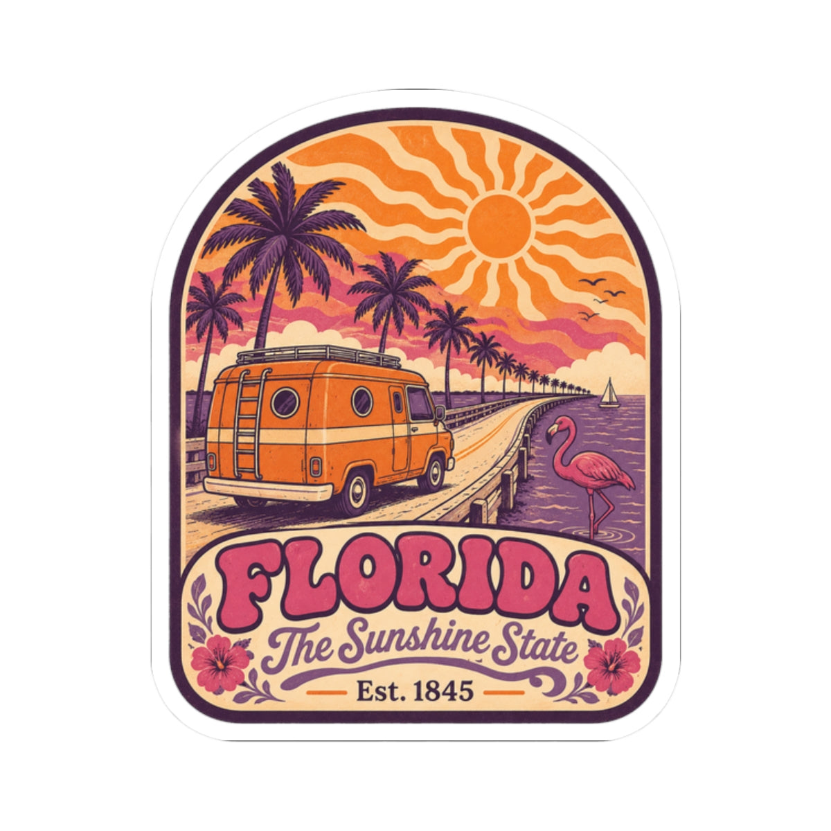 Rounded Florida sticker design with orange camper van, palm trees, flamingo and sunset waves