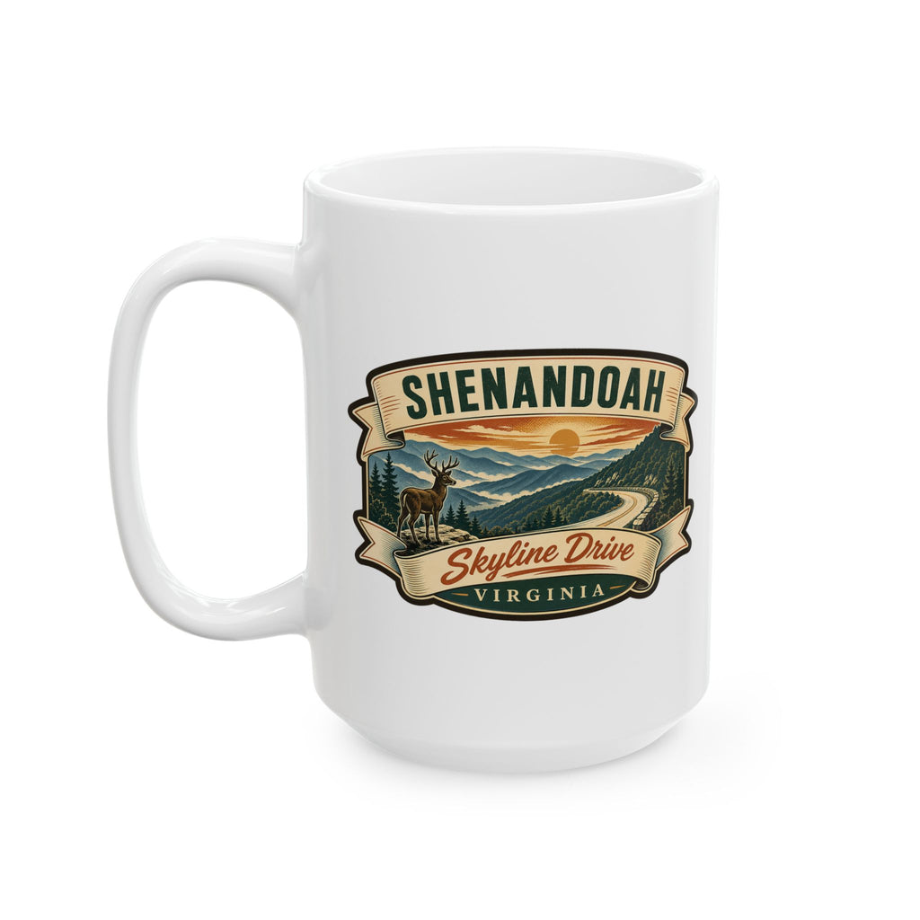 White ceramic mug with Shenandoah Skyline Drive Virginia badge on the front.