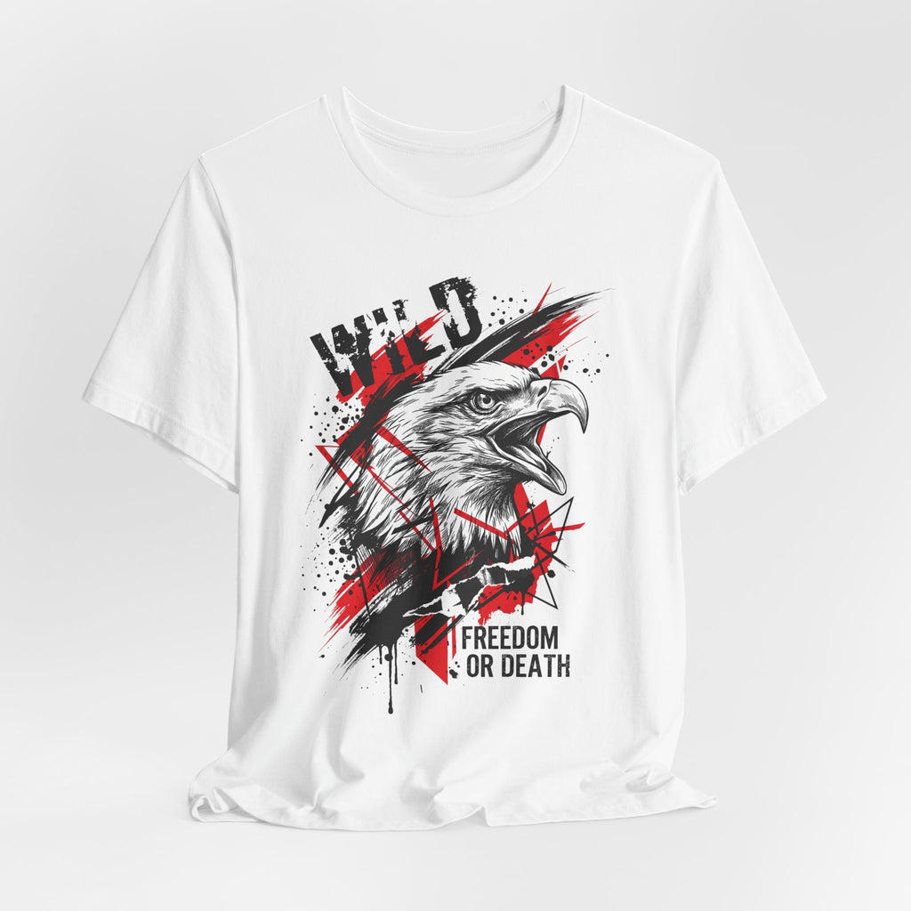 White t-shirt with distressed eagle head graphic and red "Freedom or Death" text