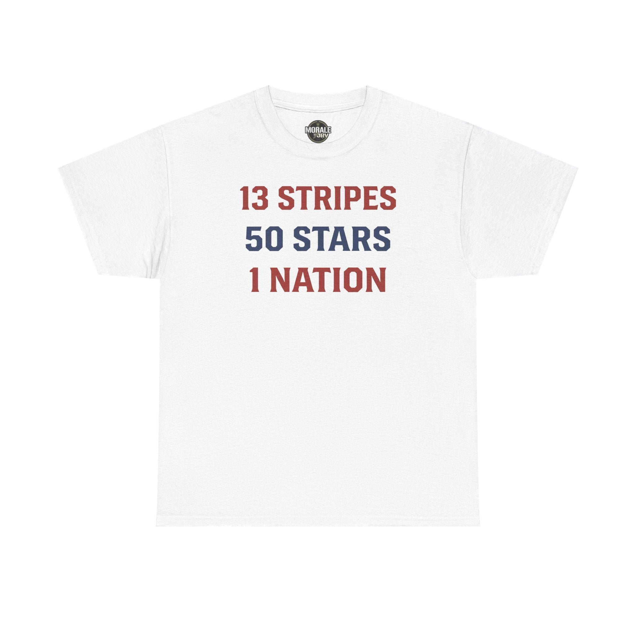 White crewneck T-shirt, front text '13 STRIPES 50 STARS 1 NATION'