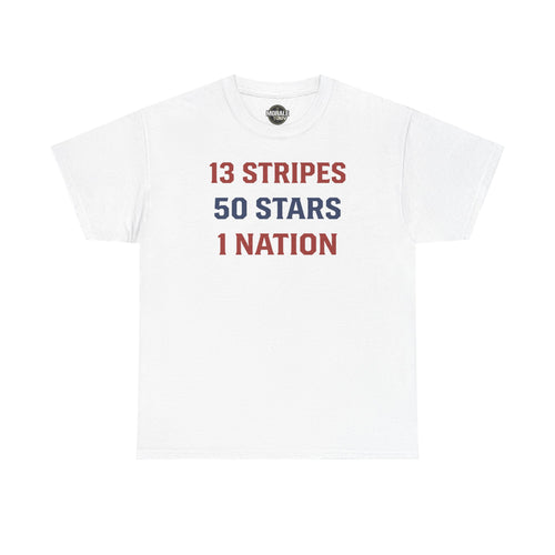 White crewneck T-shirt, front text '13 STRIPES 50 STARS 1 NATION'