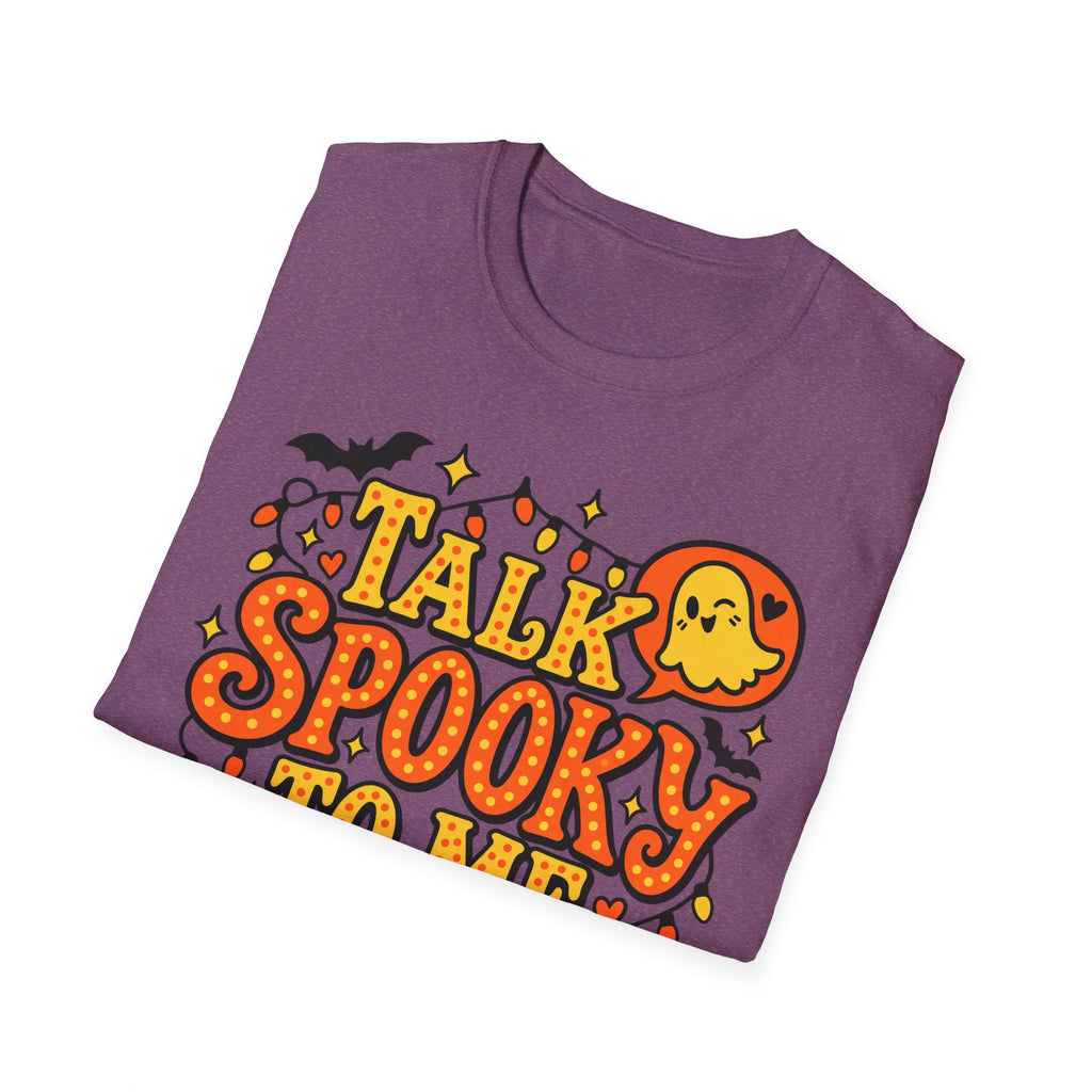 Maroon Halloween T-shirt with 'Talk Spooky' text and cute ghost illustration.