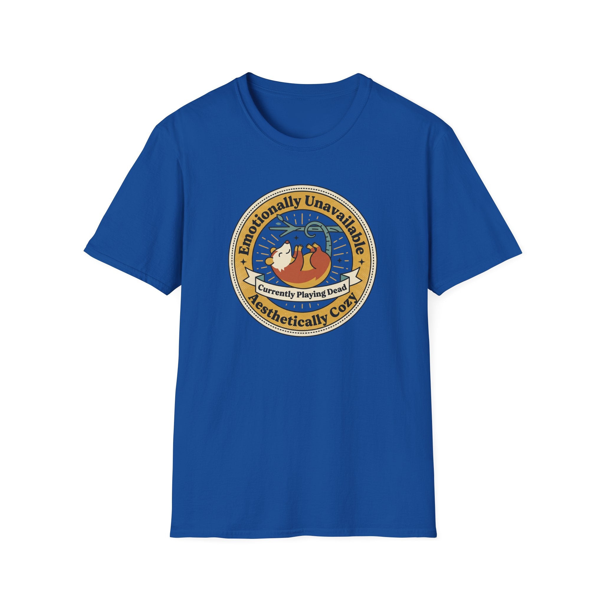 Unisex royal blue sloth graphic T-shirt, crew neck, short sleeves, front logo badge