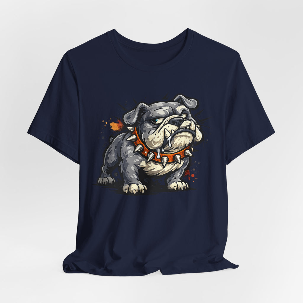 Navy unisex crewneck tee with snarling bulldog front graphic