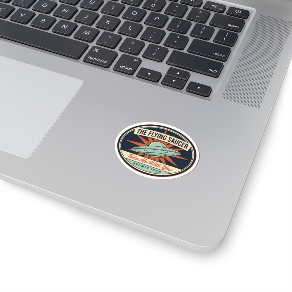 Round retro UFO kiss-cut sticker with green flying saucer graphic