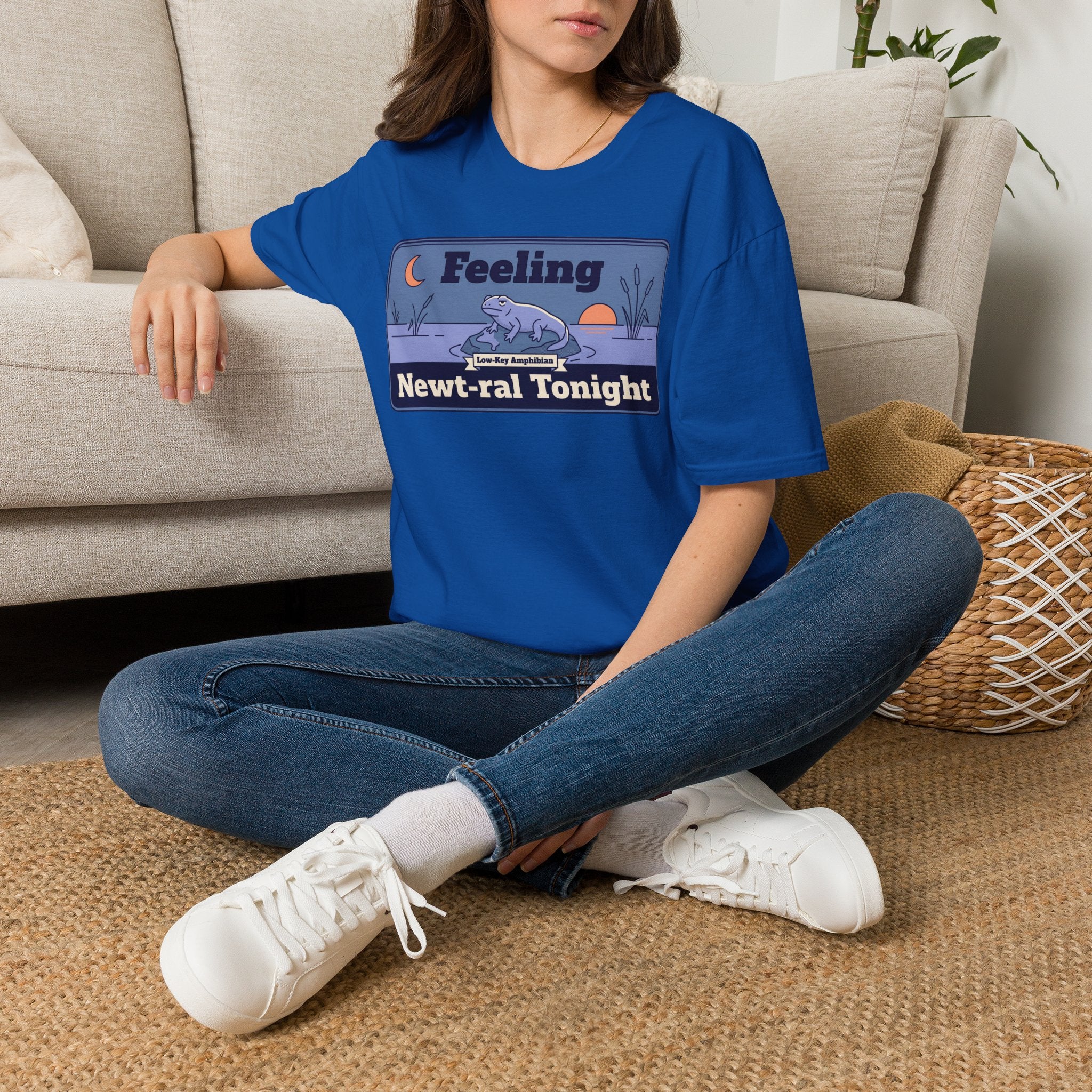 Royal blue crewneck short-sleeve T-shirt with “Feeling Newt-ral Tonight” newt graphic.