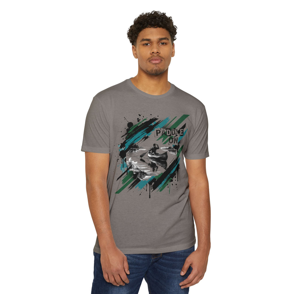 Gray crewneck T-shirt with kayaking paddle graphic on the chest.