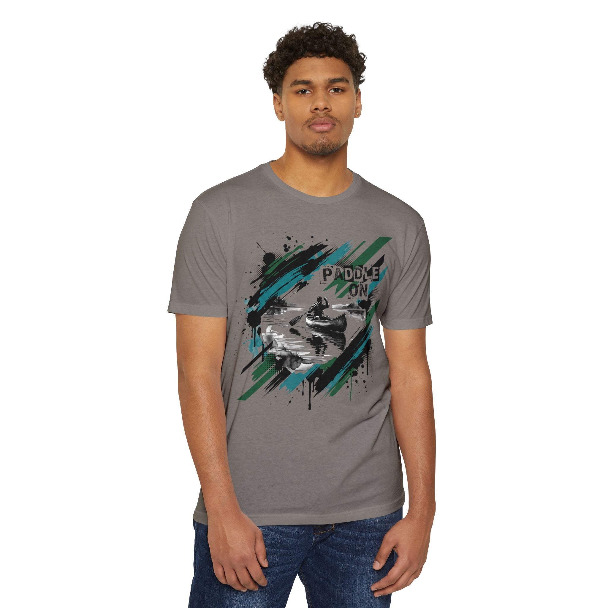 Gray crewneck T-shirt with kayaking paddle graphic on the chest.