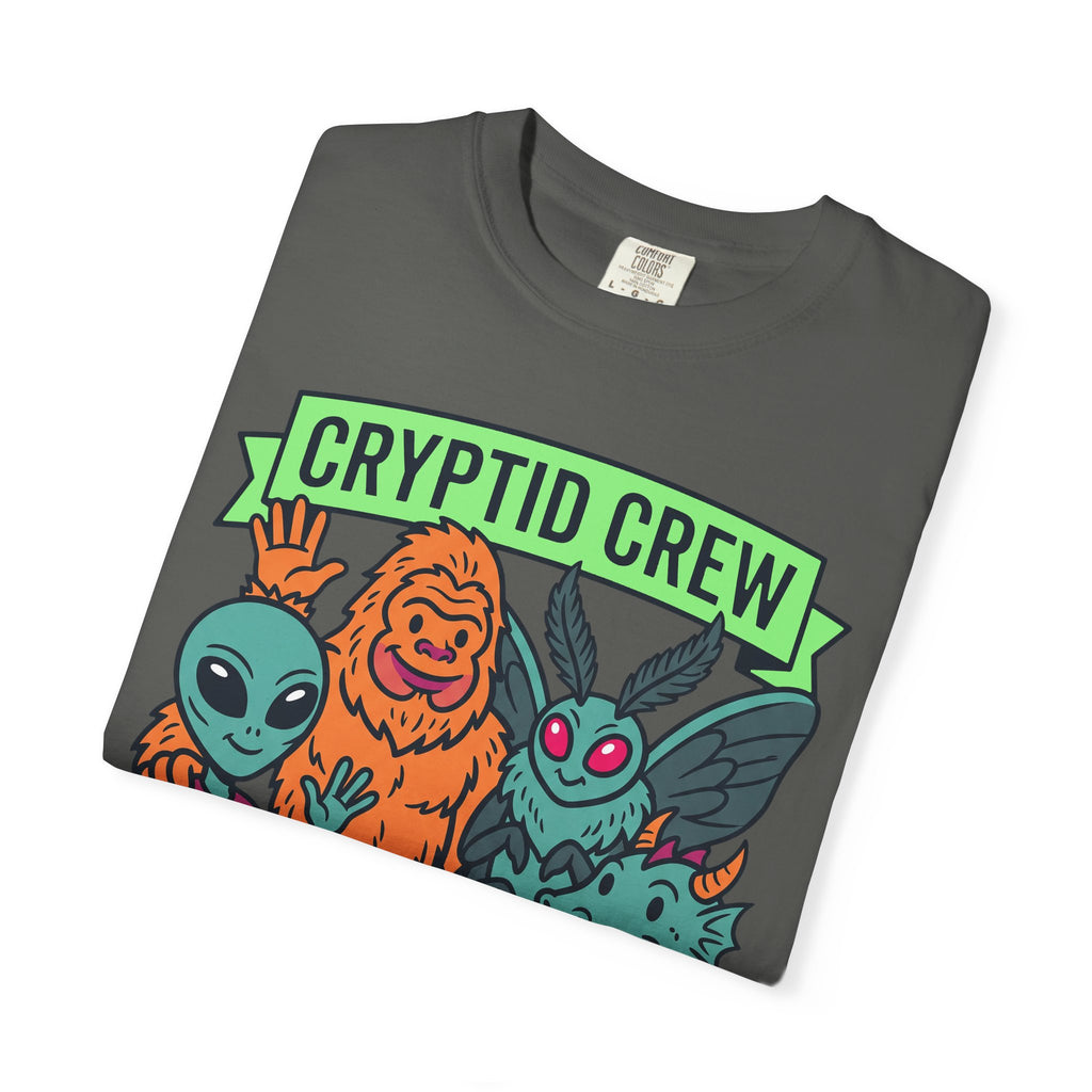 Dark gray crew-neck T-shirt with “Cryptid Crew” graphic and four alien cryptids