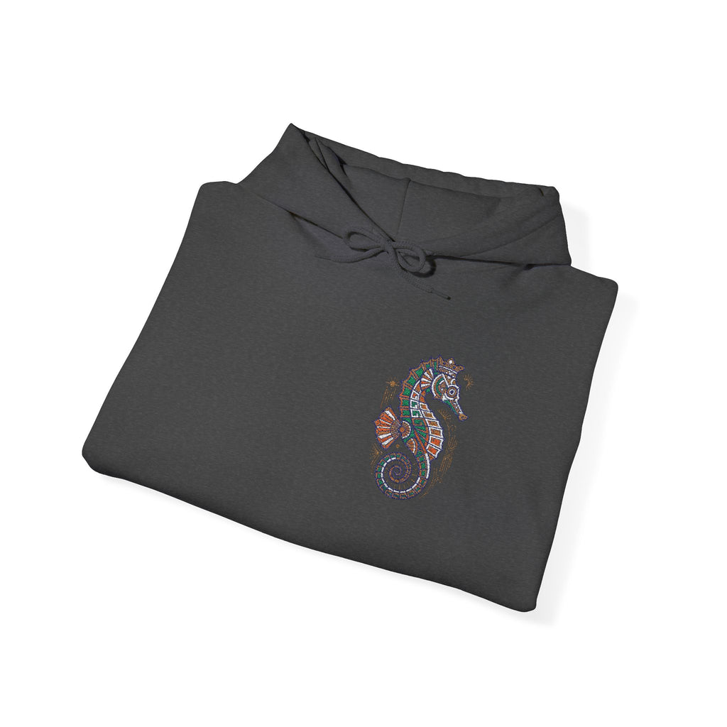 Dark gray hoodie with colorful seahorse graphic on the chest