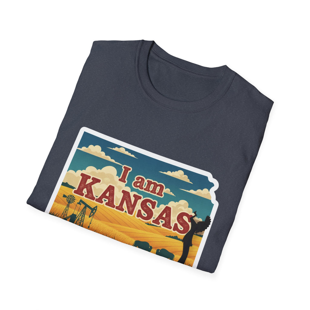 Heather navy T-shirt with “I am KANSAS” prairie scene graphic