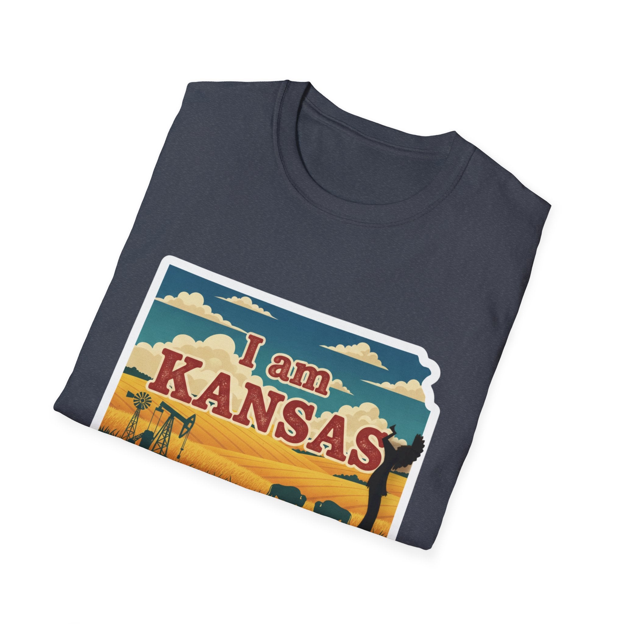 Heather navy T-shirt with “I am KANSAS” prairie scene graphic