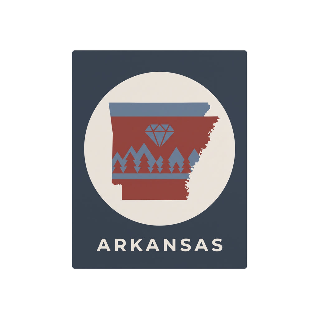 Arkansas metal art sign, dark blue square with oval emblem and “ARKANSAS” lettering