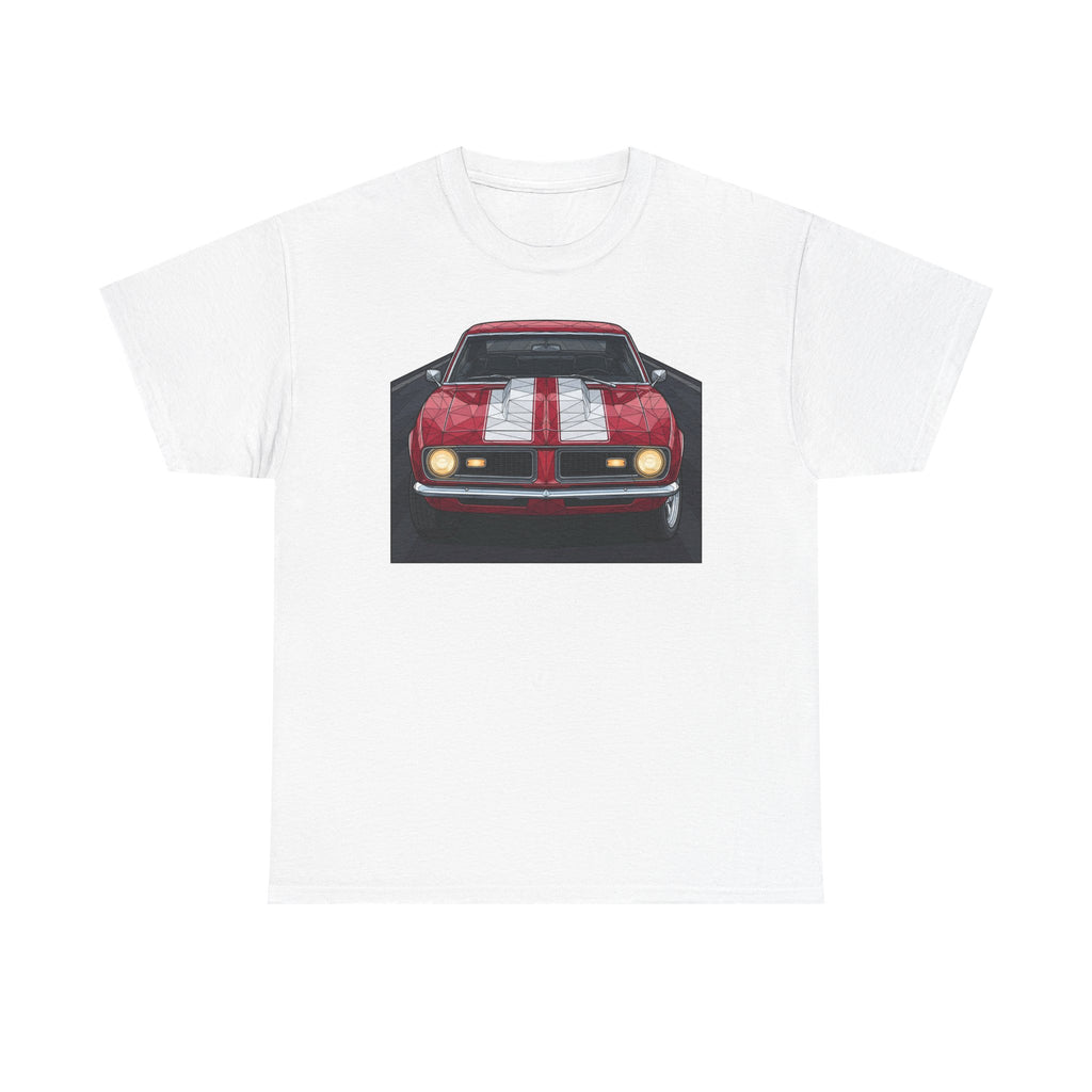 White vintage muscle car graphic T-shirt with front view red car illustration