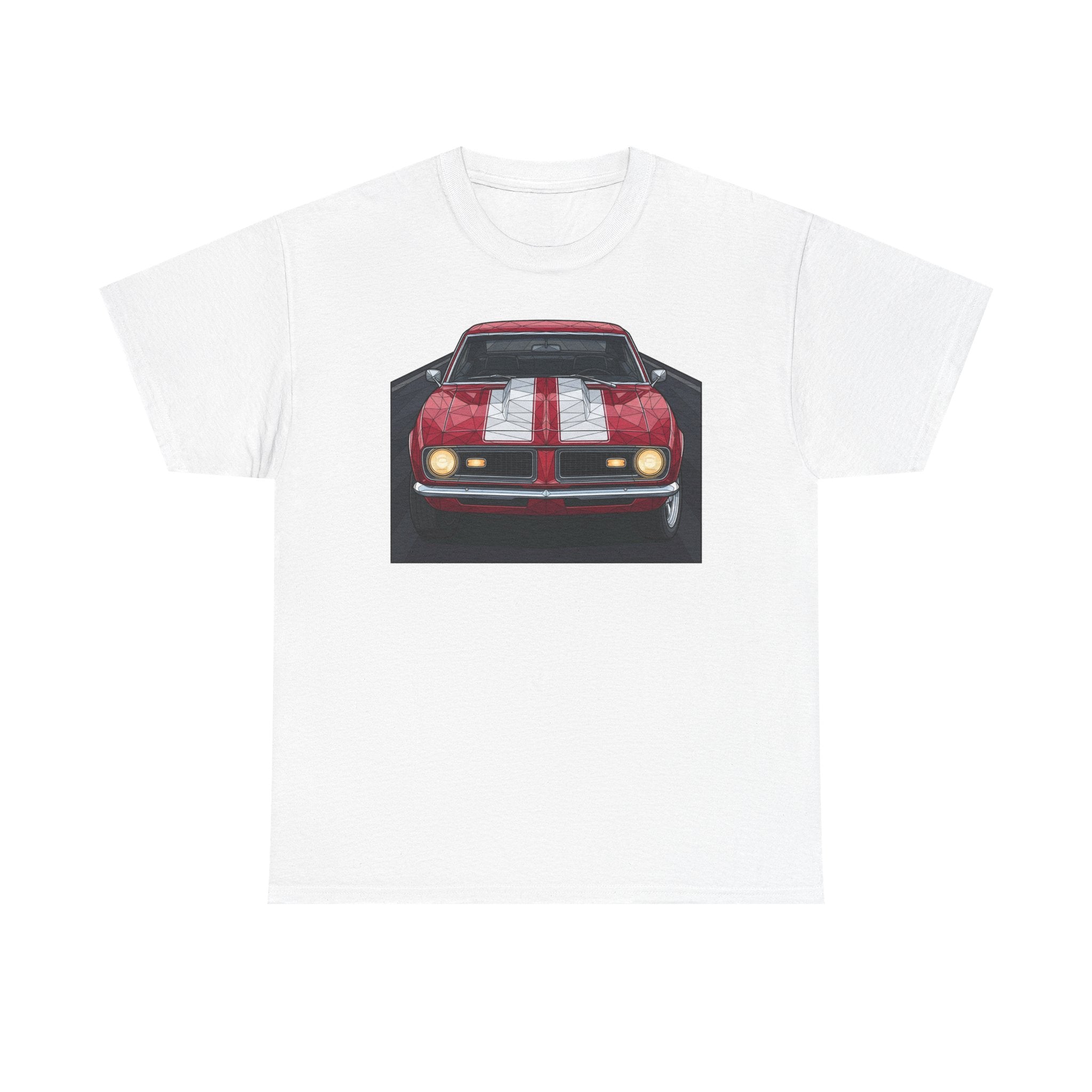 White vintage muscle car graphic T-shirt with front view red car illustration