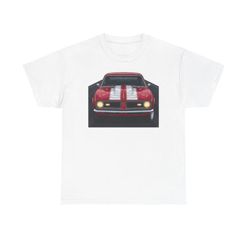 White vintage muscle car graphic T-shirt with front view red car illustration