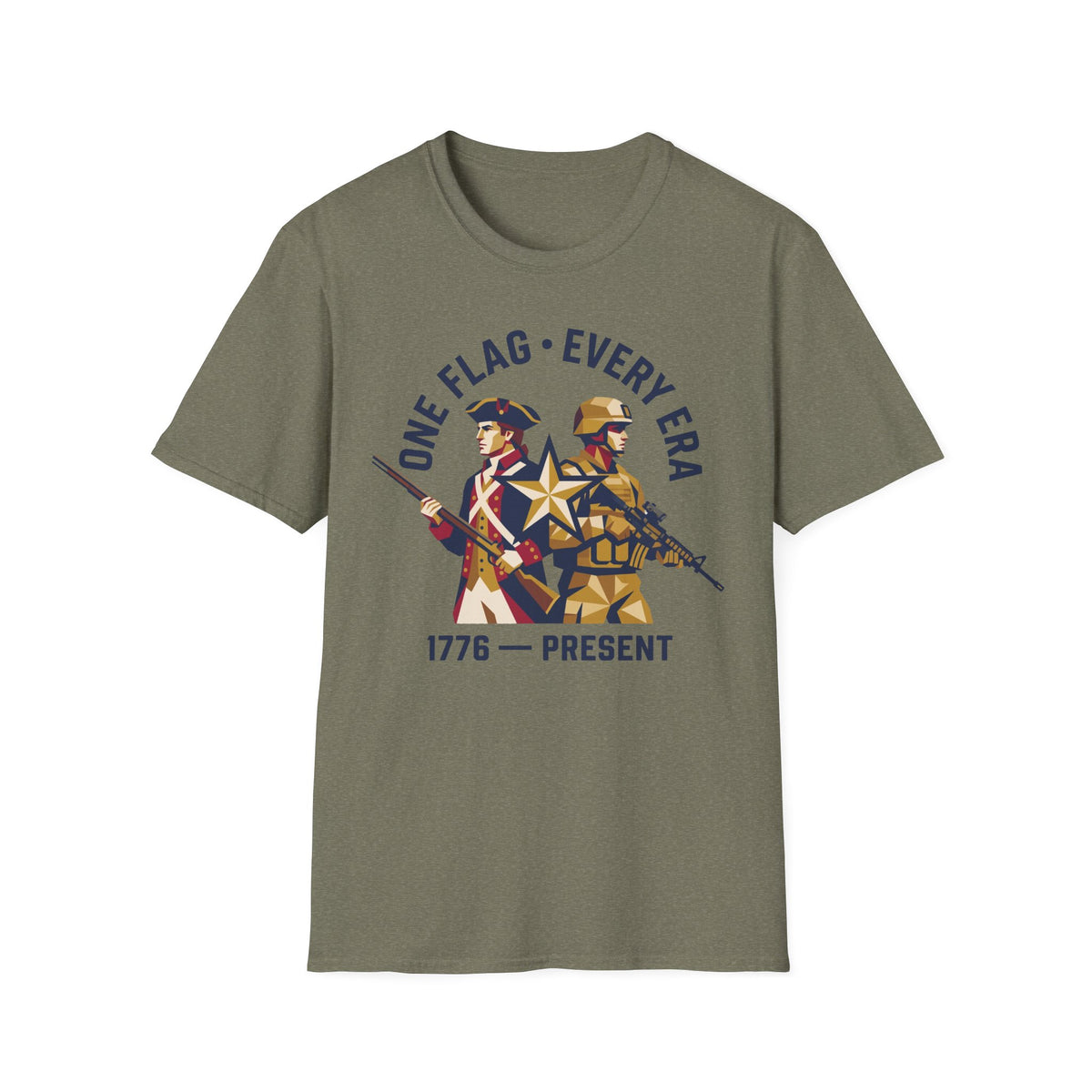 Olive military graphic t-shirt with soldier and '1776–present' emblem
