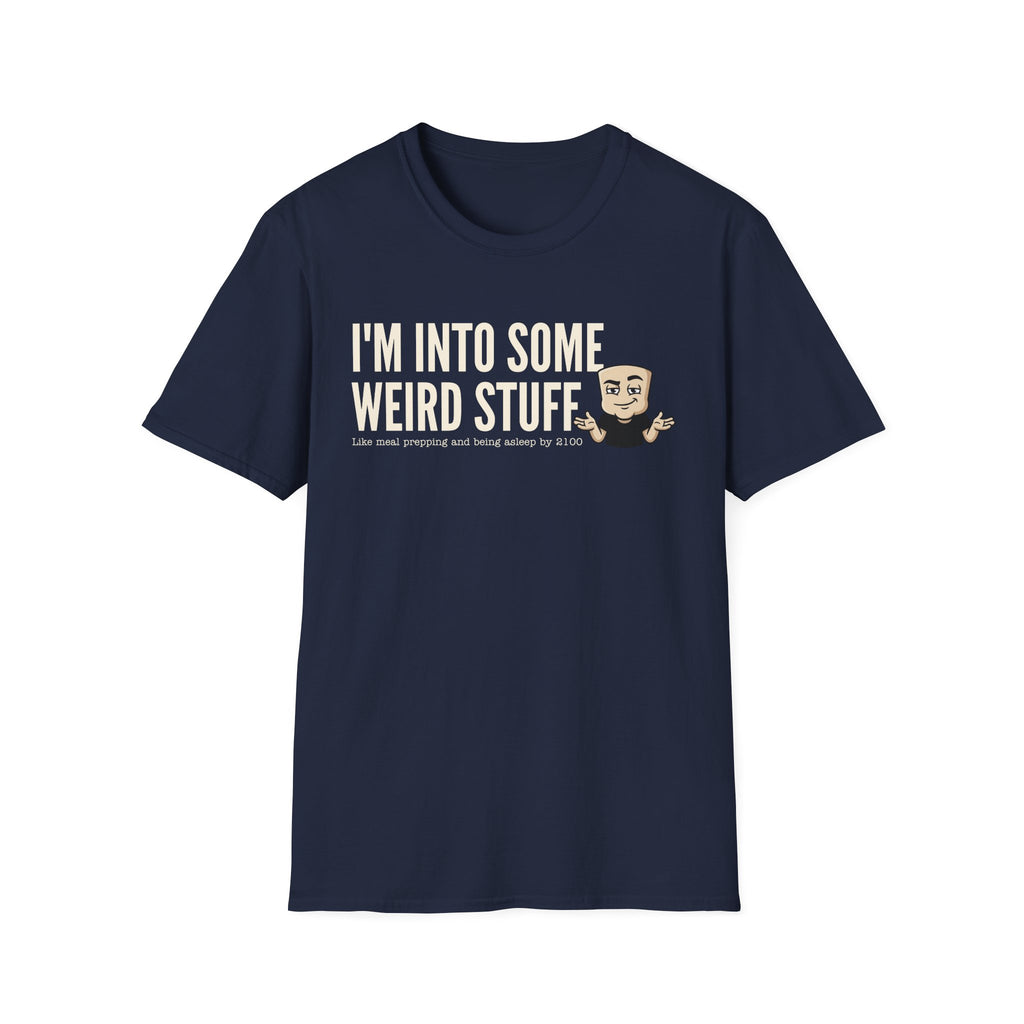 Navy T-shirt with 'I'm into some weird stuff' front graphic and cartoon character