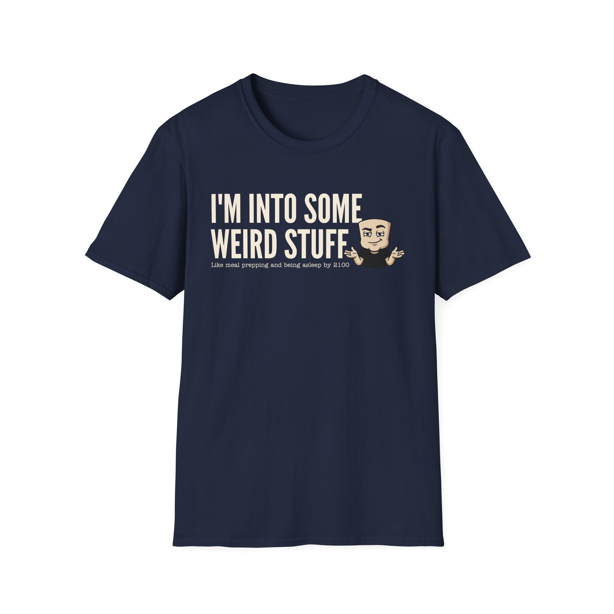 Navy T-shirt with 'I'm into some weird stuff' front graphic and cartoon character