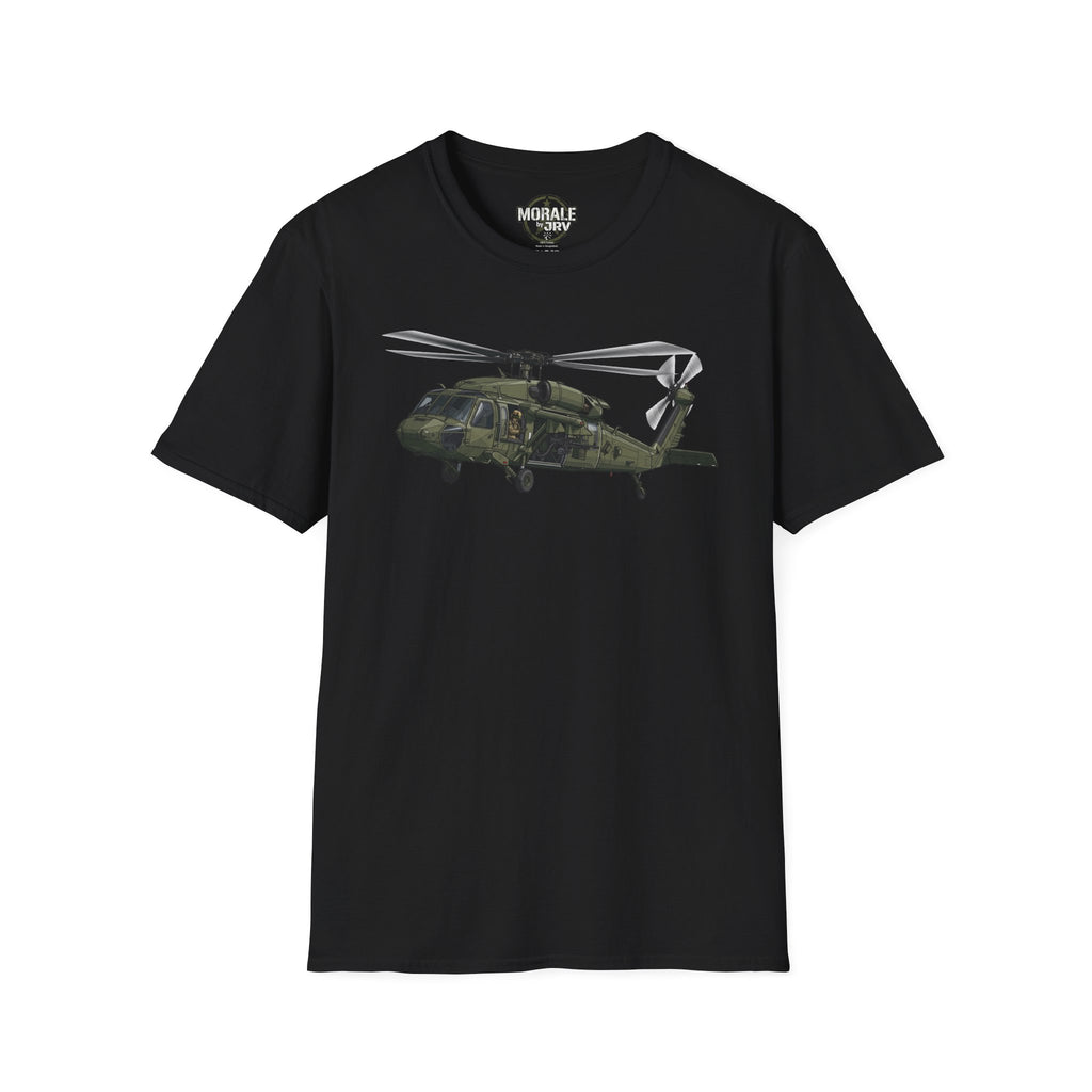 Military Black Hawk helicopter graphic T-shirt, black