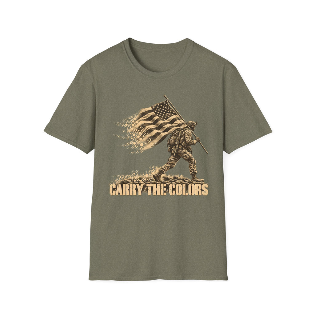 Olive green t-shirt with soldier carrying flag graphic and “CARRY THE COLORS” text