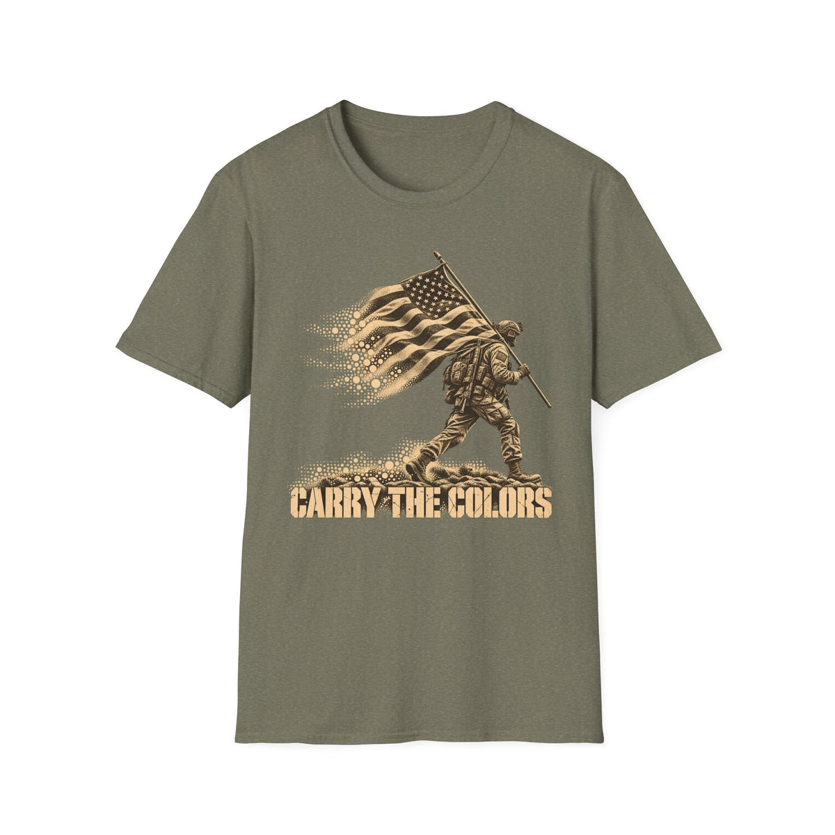Olive green t-shirt with soldier carrying flag graphic and “CARRY THE COLORS” text