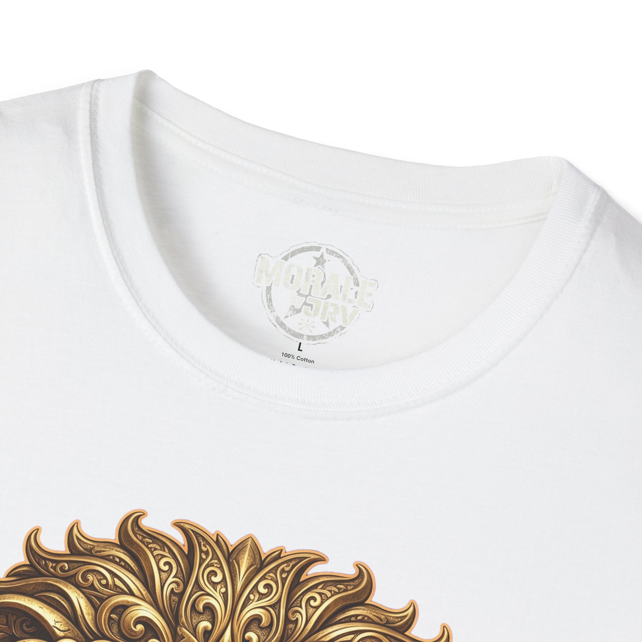 White t-shirt neckline close-up with small chest logo and ribbed collar