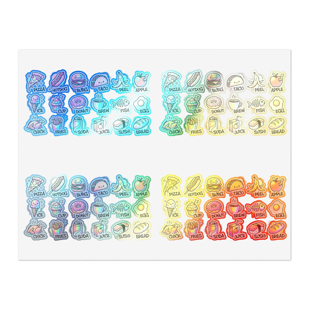 Holographic food icon sticker sheet with mini pizza, taco, donut, and fruit icons