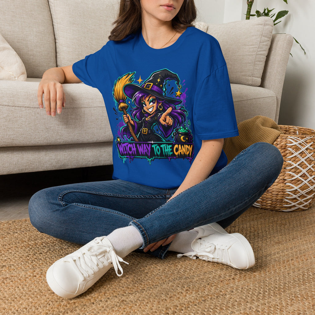 Royal blue crewneck T-shirt with colorful witch-candy front graphic.