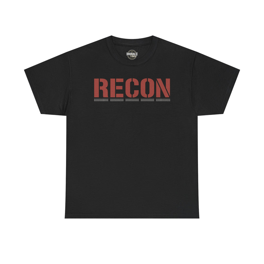 Black unisex graphic T-shirt with large 'RECON' stencil logo on chest