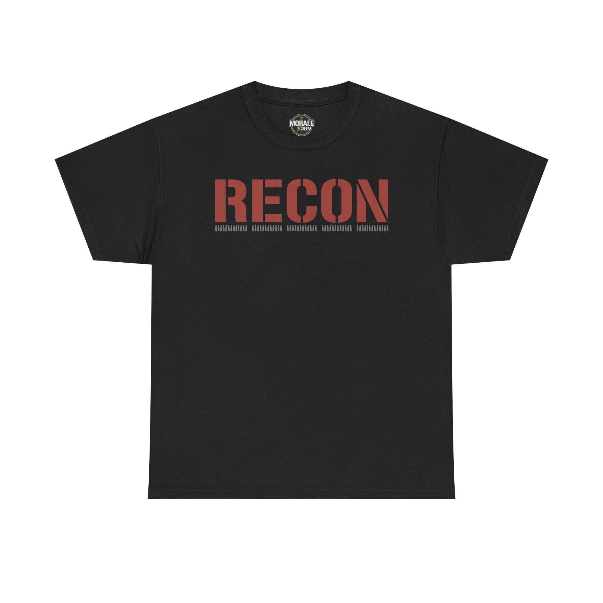 Black unisex graphic T-shirt with large 'RECON' stencil logo on chest