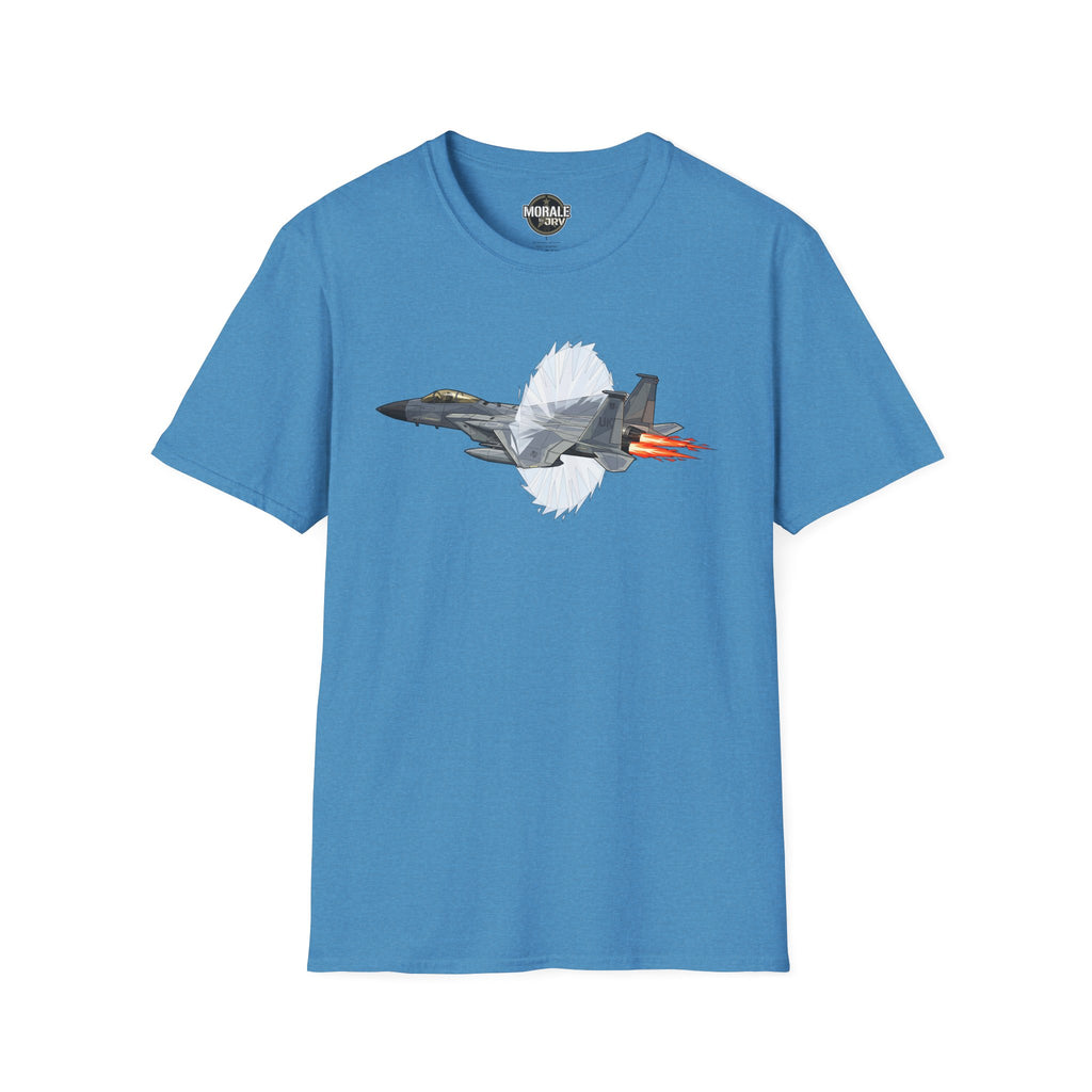 Blue T-shirt with fighter jet afterburner graphic and red-orange flame bursts