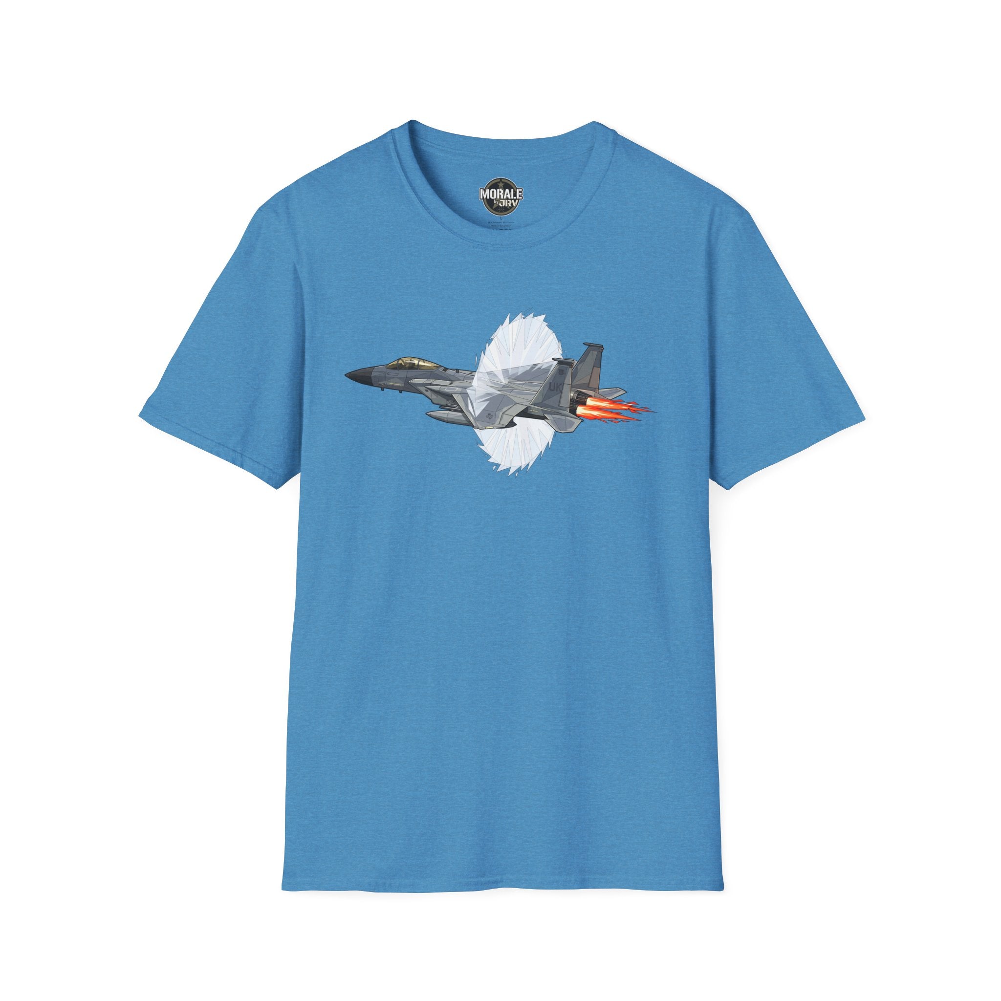 Blue T-shirt with fighter jet afterburner graphic and red-orange flame bursts