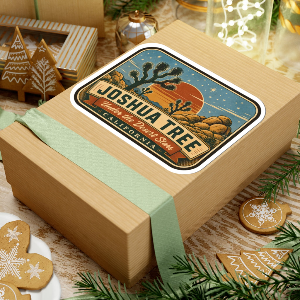 Joshua Tree sticker on a wrapped gift box with desert sky stars and “Under the Desert Stars”.