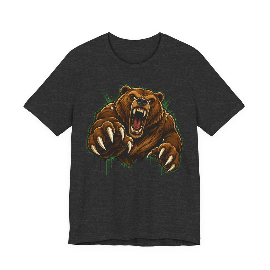 Dark heather unisex tee with roaring grizzly bear graphic and claw splash detail