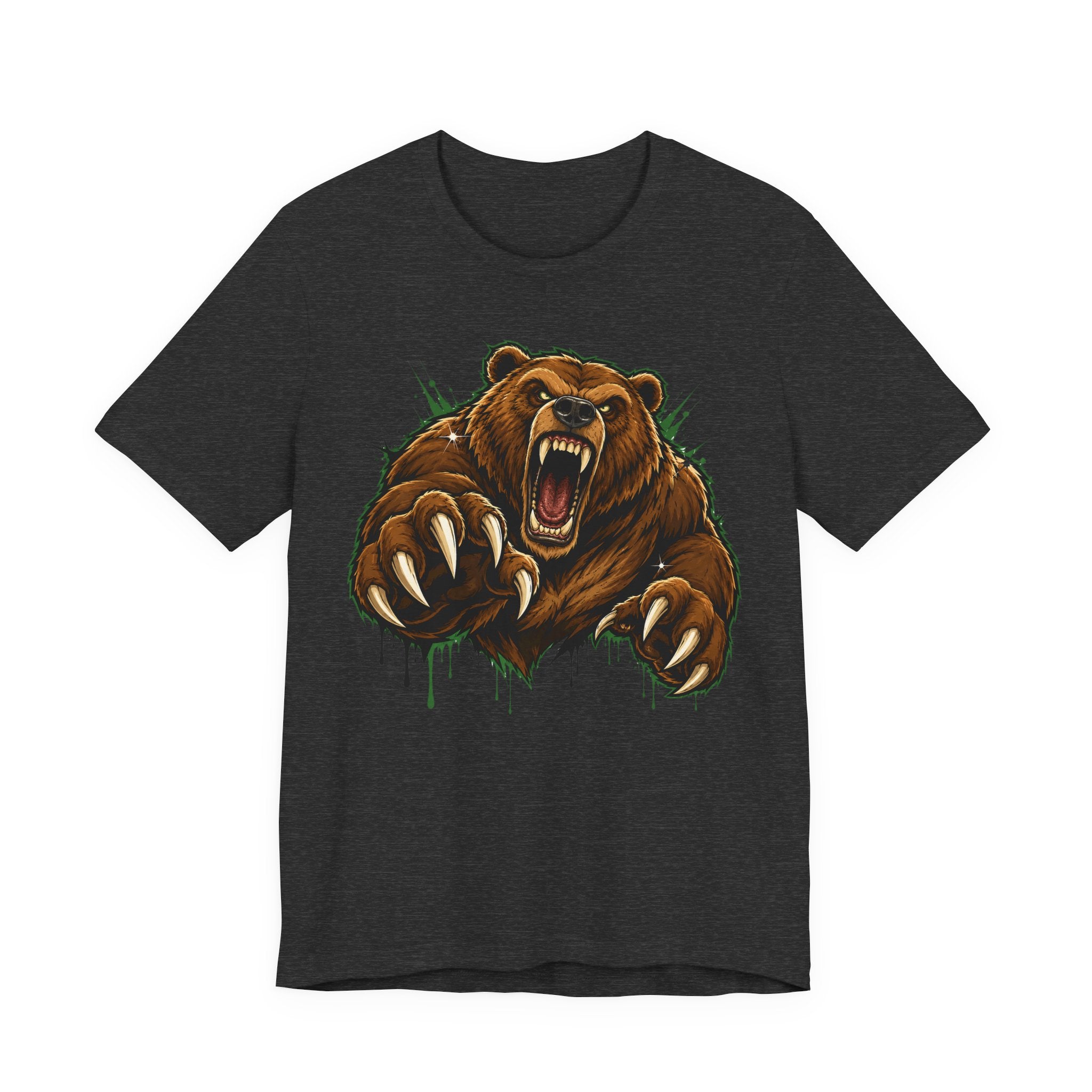 Dark heather unisex tee with roaring grizzly bear graphic and claw splash detail