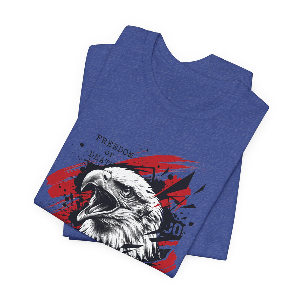 Heather blue T-shirt with red splatter eagle head graphic