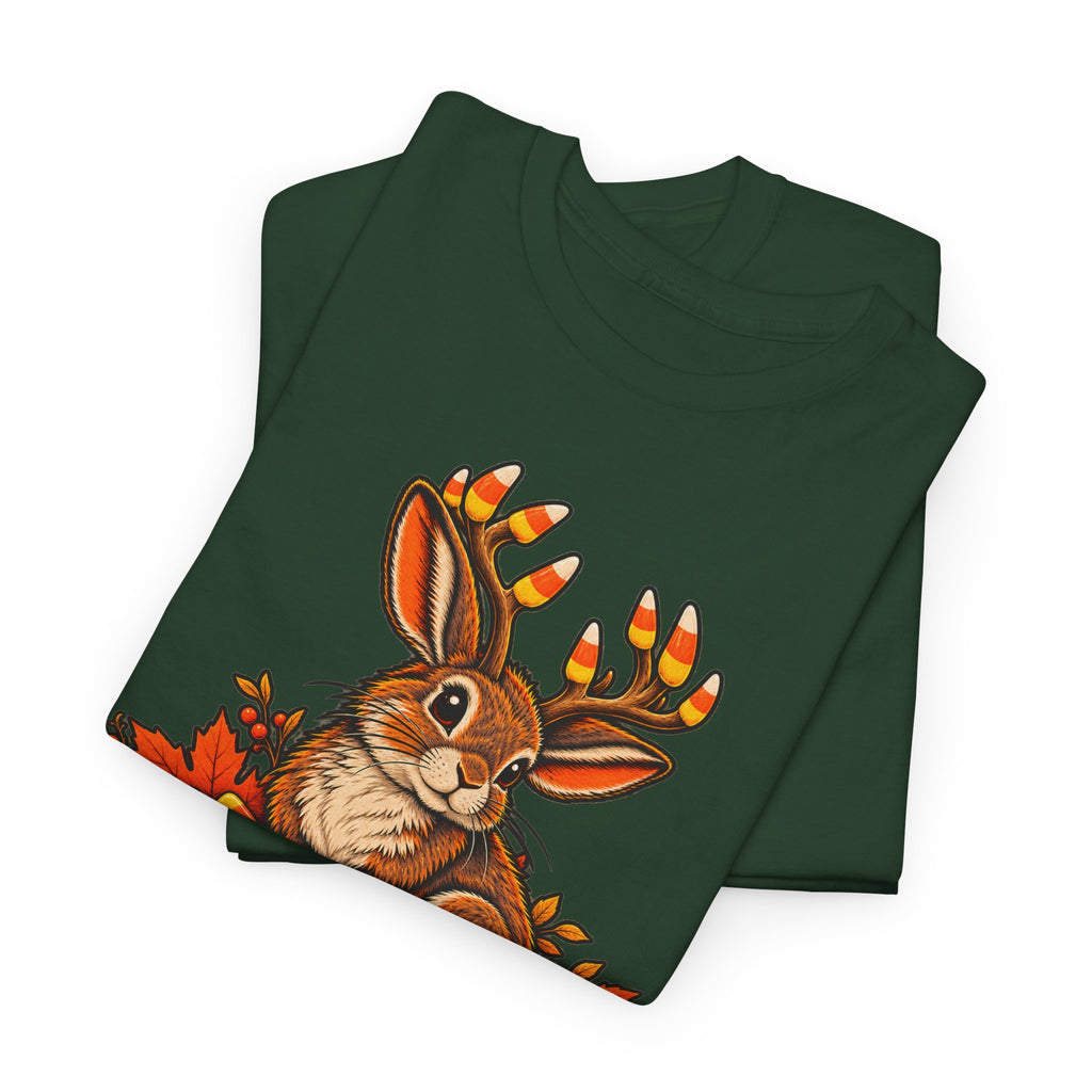 Forest green crewneck T-shirt with jackalope face and candy corn antlers graphic