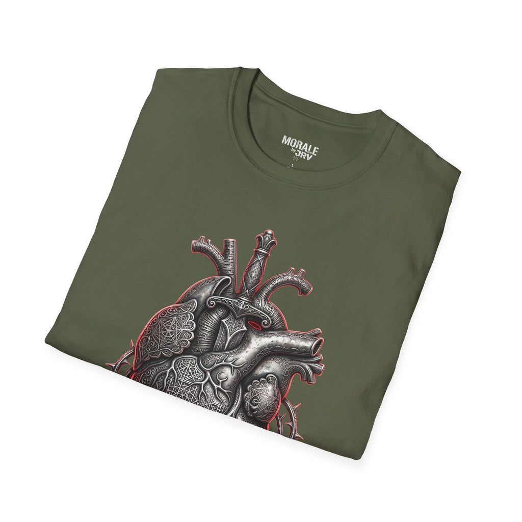 Anatomical heart with roses graphic on military green T-shirt