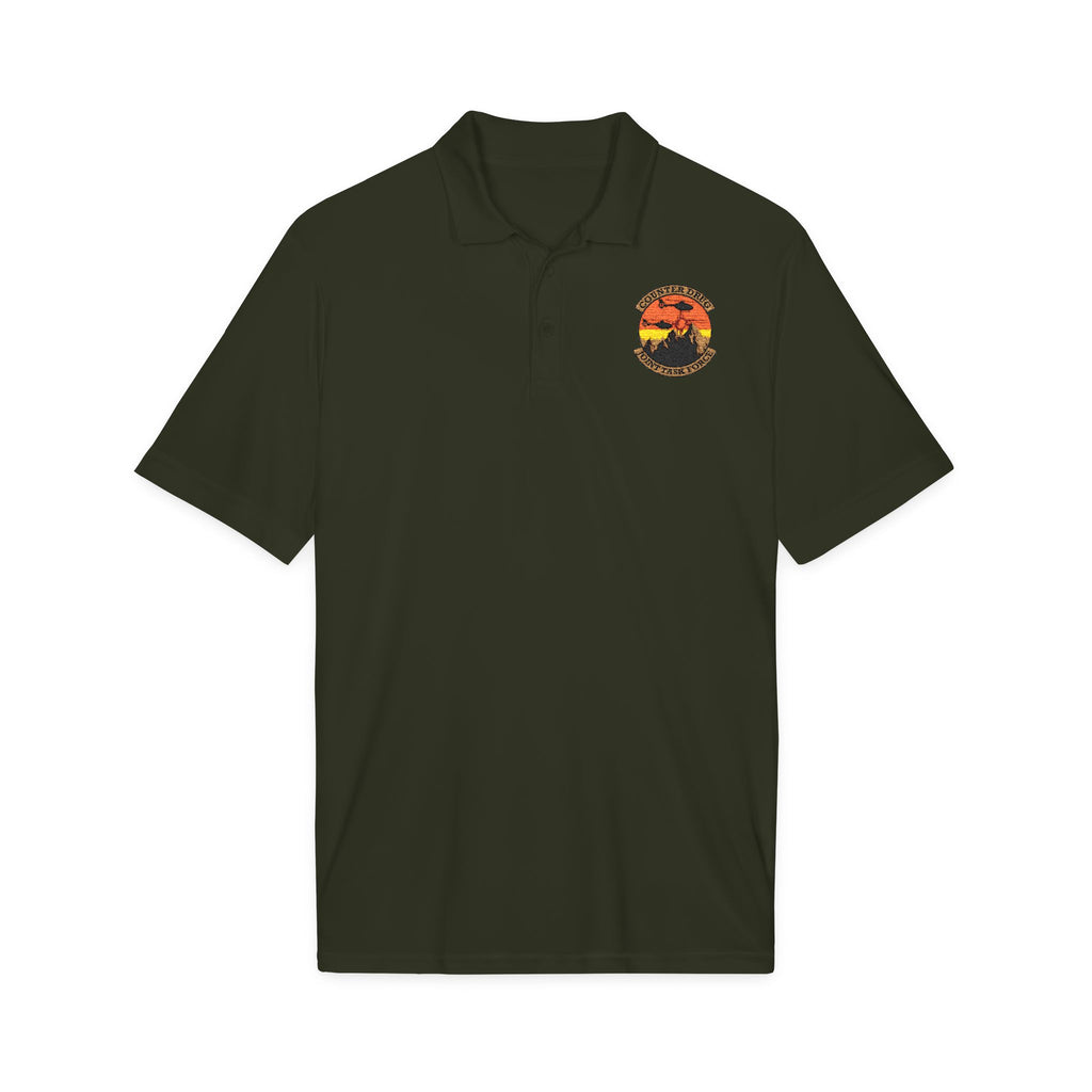 Dark green polo shirt with embroidered crest on chest, short sleeves, button placket