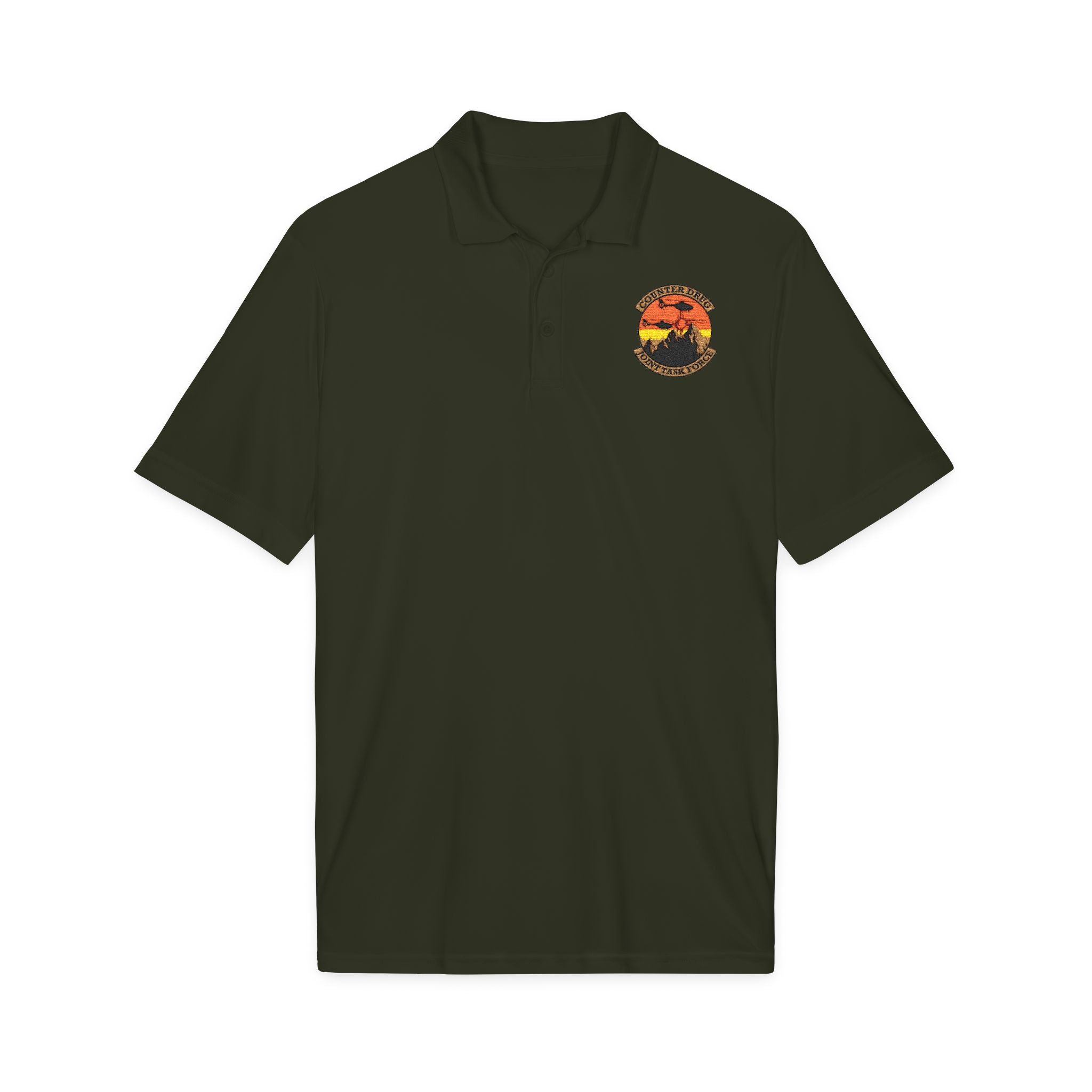 Dark green polo shirt with embroidered crest on chest, short sleeves, button placket