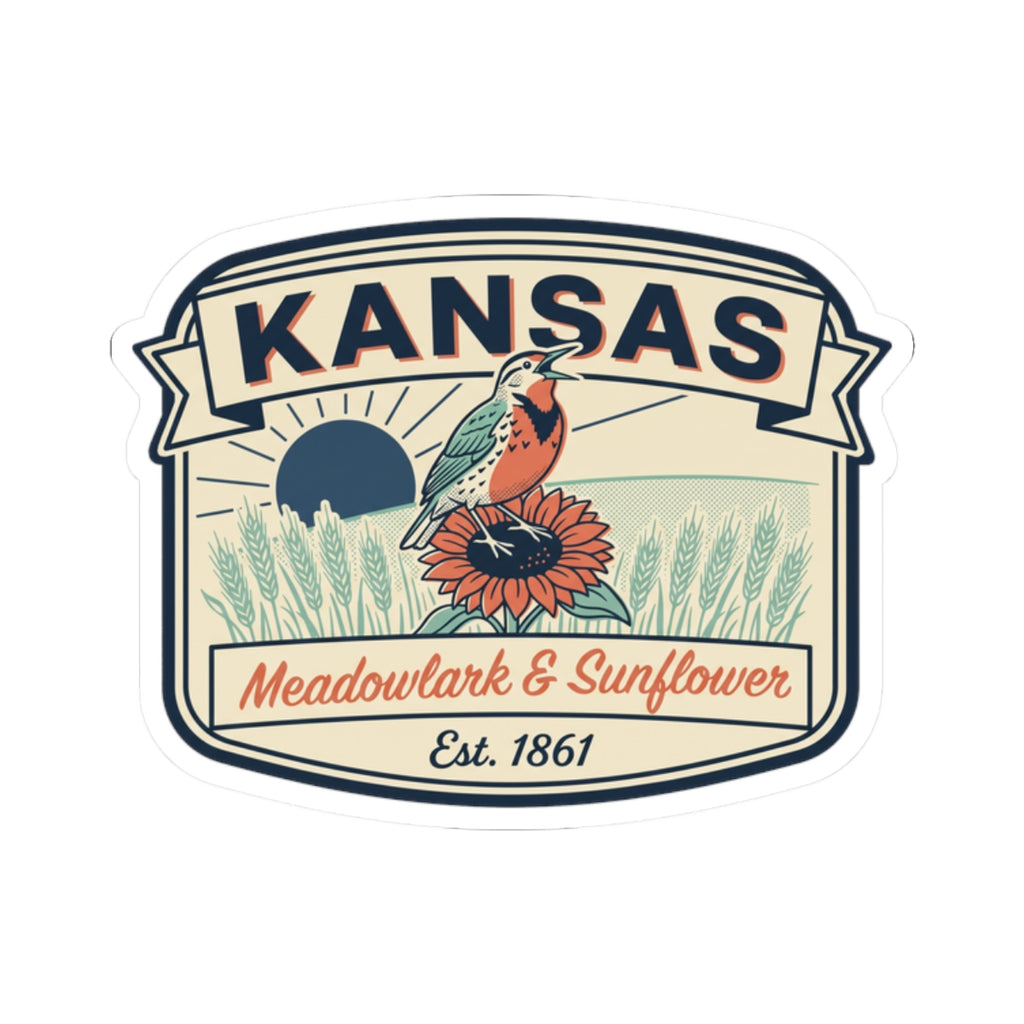 Kansas Meadowlark & Sunflower vintage badge vinyl sticker, Est. 1861, white border