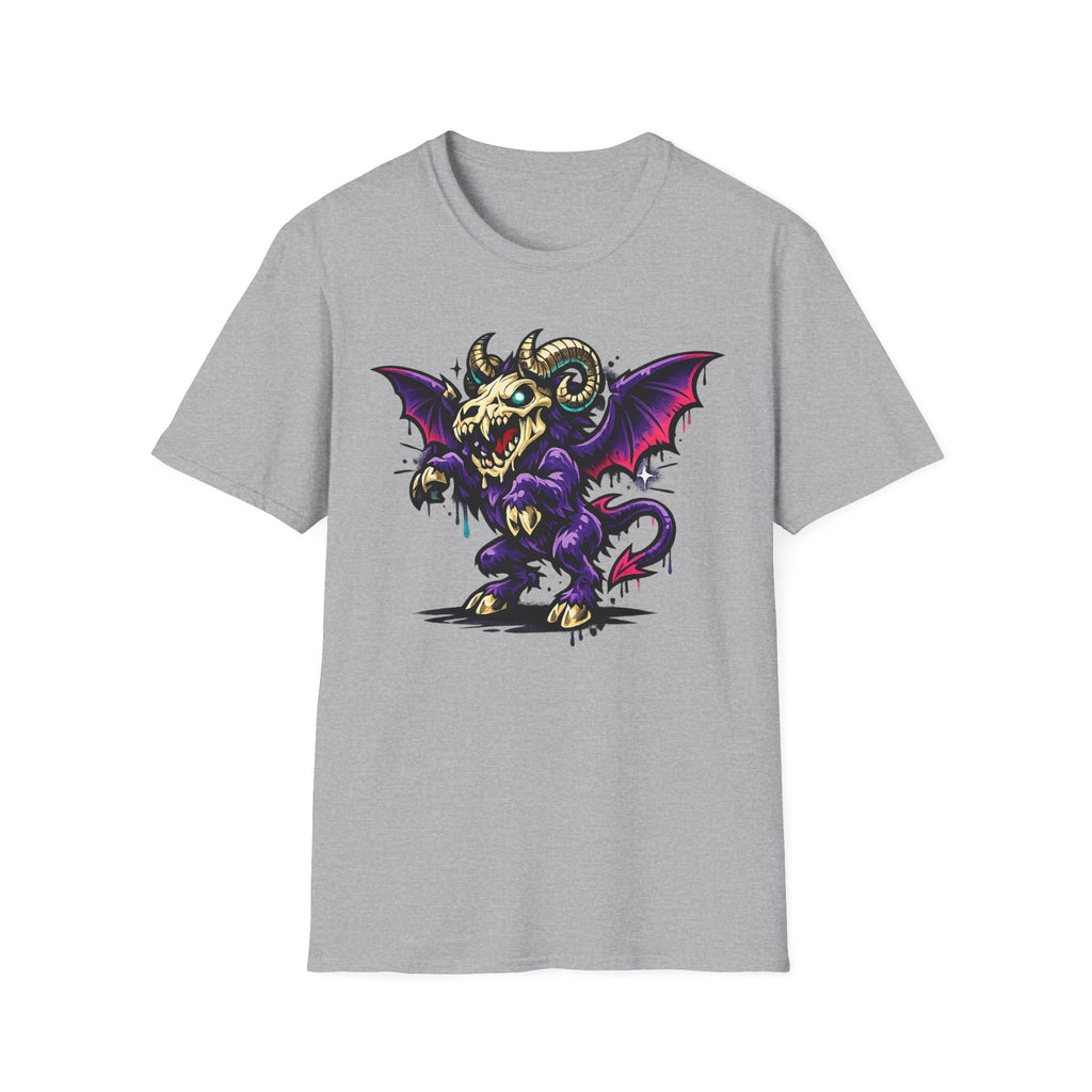 Sport grey short-sleeve t-shirt with purple bat-winged ram skull monster front graphic